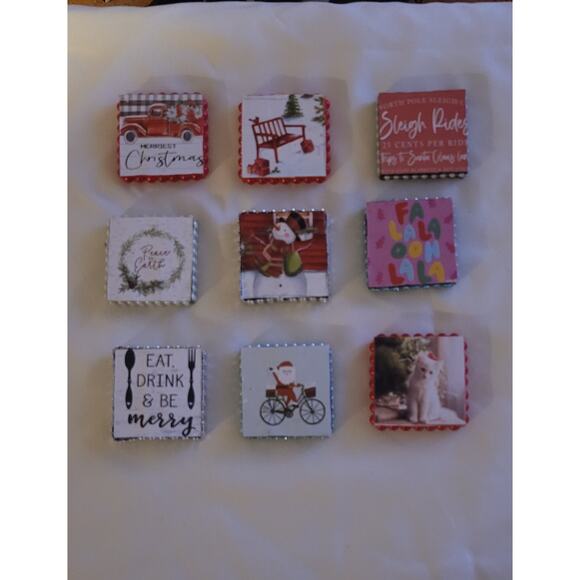 Lot Of 9 Christmas Wooden MAGNETS Santa Snowman Cat Sleigh Kitchen Xmas Gift - Picture 1 of 10